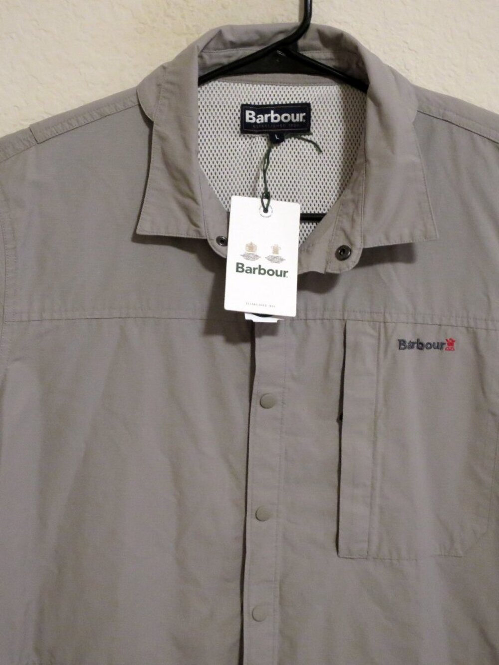 Barbour Overshirt Mens Large New Long Sleeve Snap Button Light Gray Vented